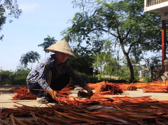 Phơi cỏ khô ở làng nghề đan cỏ tế